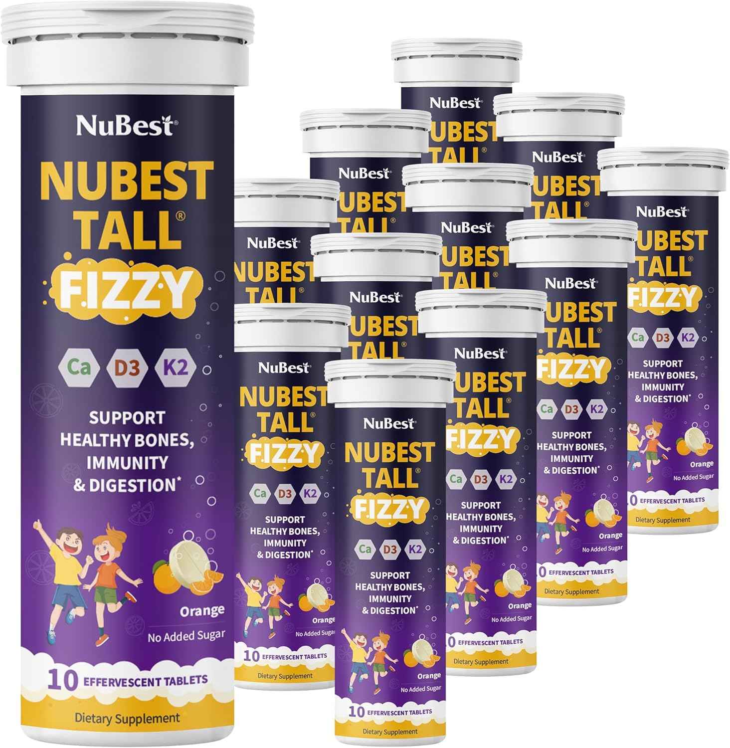 NuBest Tall Fizzy - Bone Strength, Immunity, Digestive Health for Kids & Teens | Probiotic, Calcium, Magnesium from Red Marine Algae, Vitamin D3, K2 & Zinc | 120 Orange Effervescent Tablets - Ages 4+