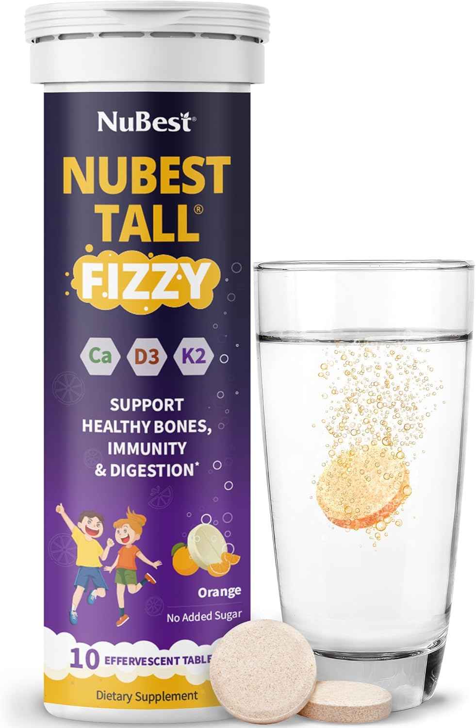 NuBest Tall Fizzy - Bone Strength, Immunity, Digestive Health for Kids & Teens | Probiotic, Calcium, Magnesium from Red Marine Algae, Vitamin D3, K2 & Zinc | 120 Orange Effervescent Tablets - Ages 4+