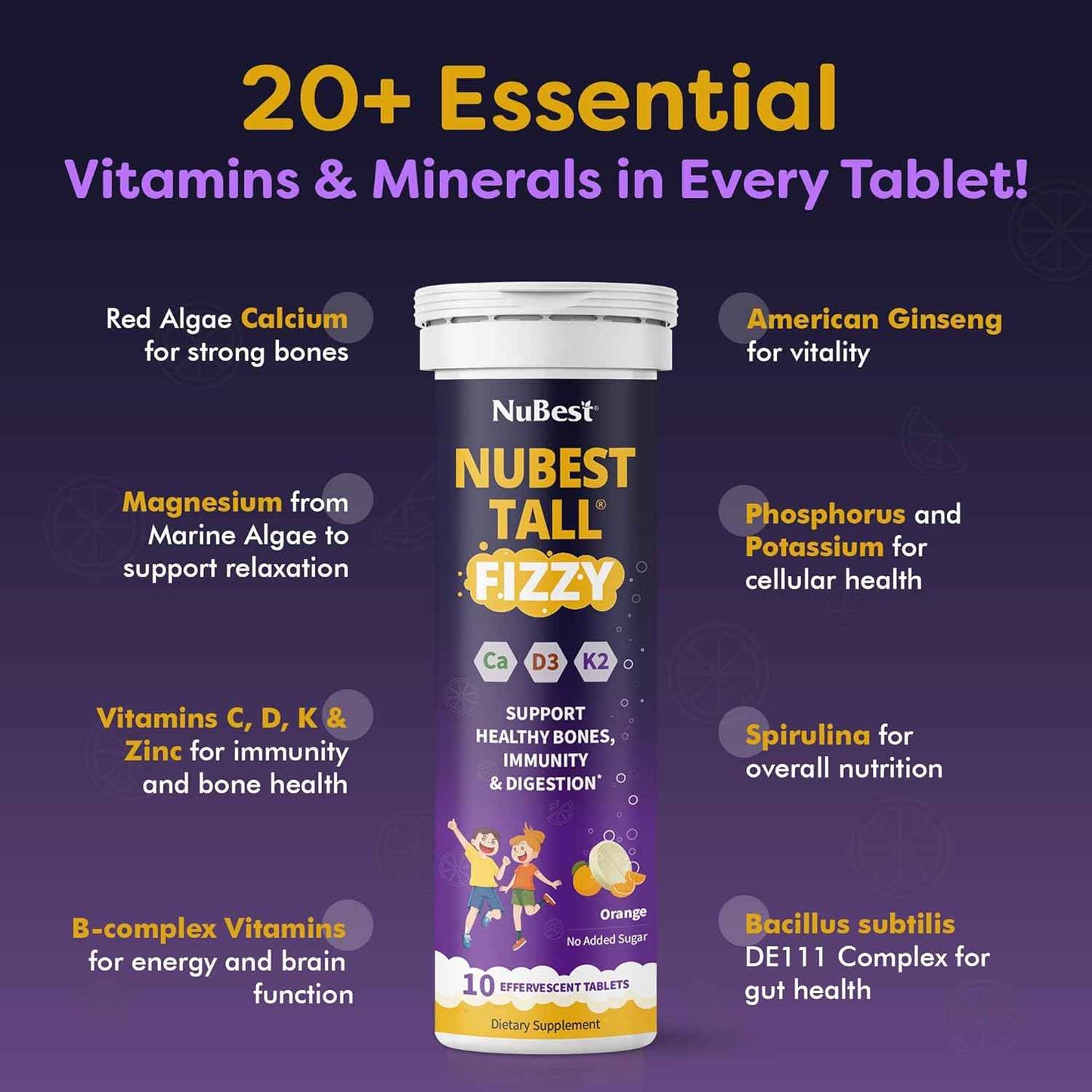 NuBest Tall Fizzy - Bone Strength, Immunity, Digestive Health for Kids & Teens | Probiotic, Calcium, Magnesium from Red Marine Algae, Vitamin D3, K2 & Zinc | 120 Orange Effervescent Tablets - Ages 4+