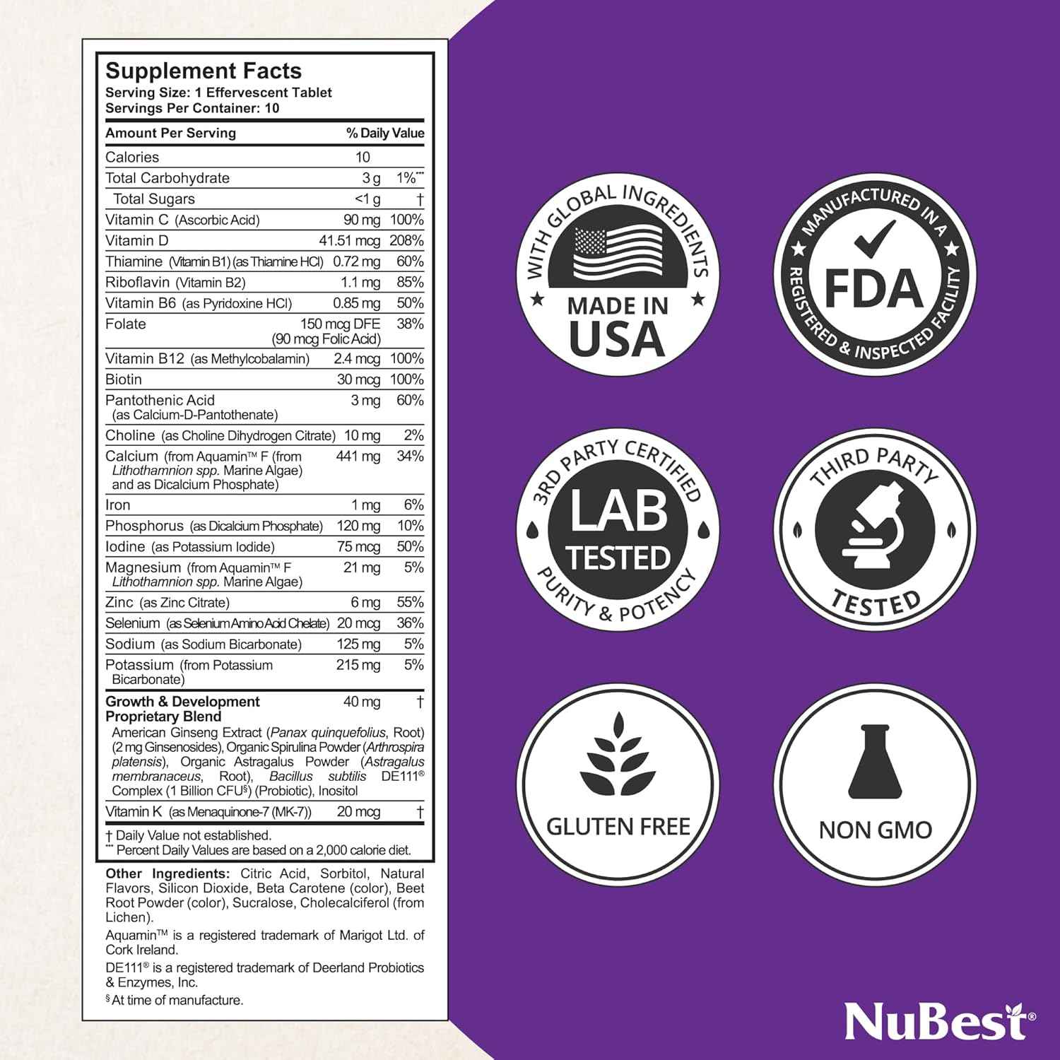 NuBest Tall Fizzy - Bone Strength, Immunity, Digestive Health for Kids & Teens | Probiotic, Calcium, Magnesium from Red Marine Algae, Vitamin D3, K2 & Zinc | 120 Orange Effervescent Tablets - Ages 4+