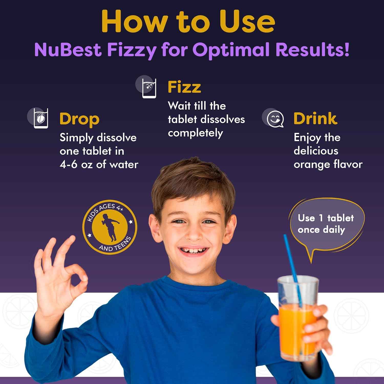 NuBest Tall Fizzy - Bone Strength, Immunity, Digestive Health for Kids & Teens | Probiotic, Calcium, Magnesium from Red Marine Algae, Vitamin D3, K2 & Zinc | 120 Orange Effervescent Tablets - Ages 4+