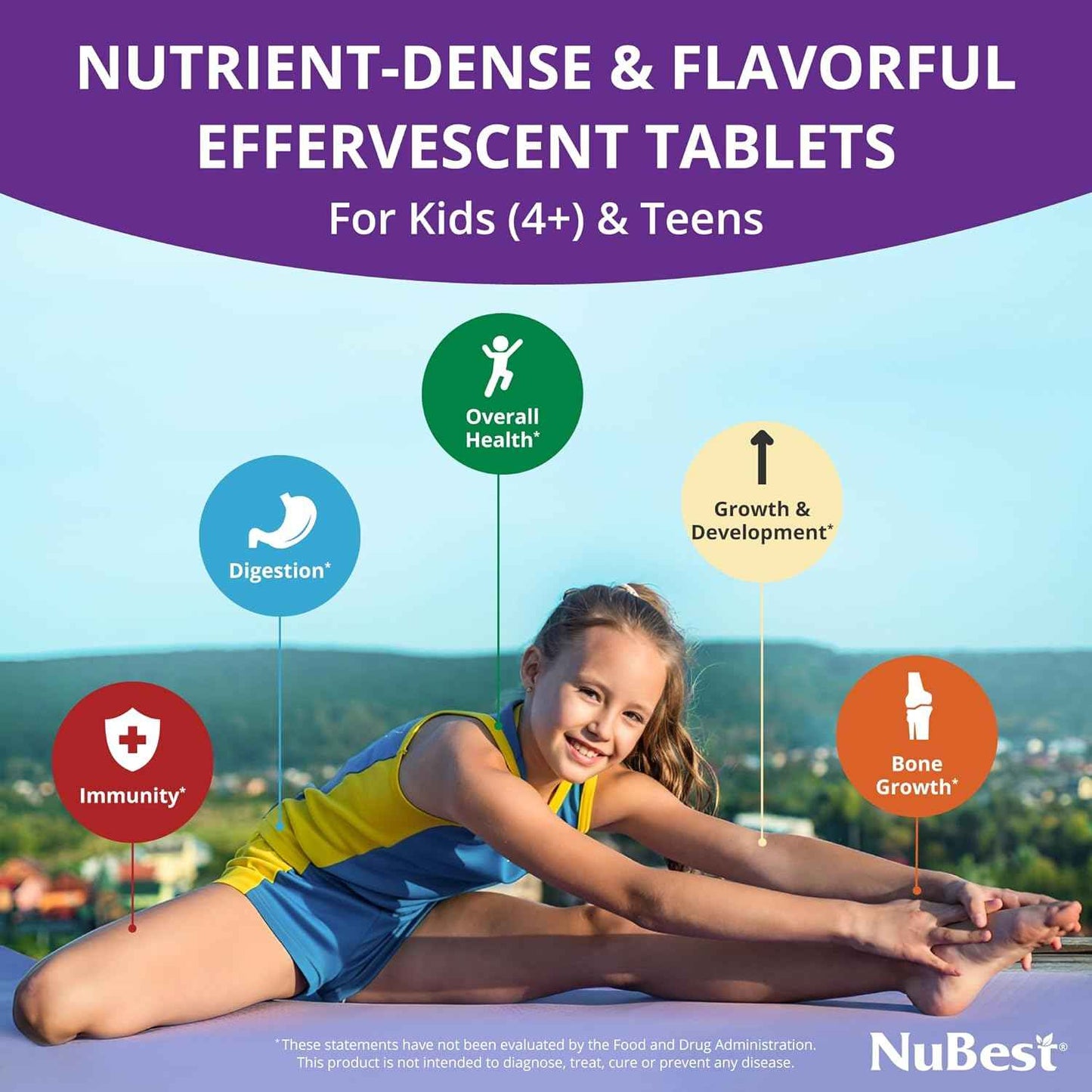 NuBest Tall Fizzy - Bone Strength, Immunity, Digestive Health for Kids & Teens | Probiotic, Calcium, Magnesium from Red Marine Algae, Vitamin D3, K2 & Zinc | 120 Orange Effervescent Tablets - Ages 4+