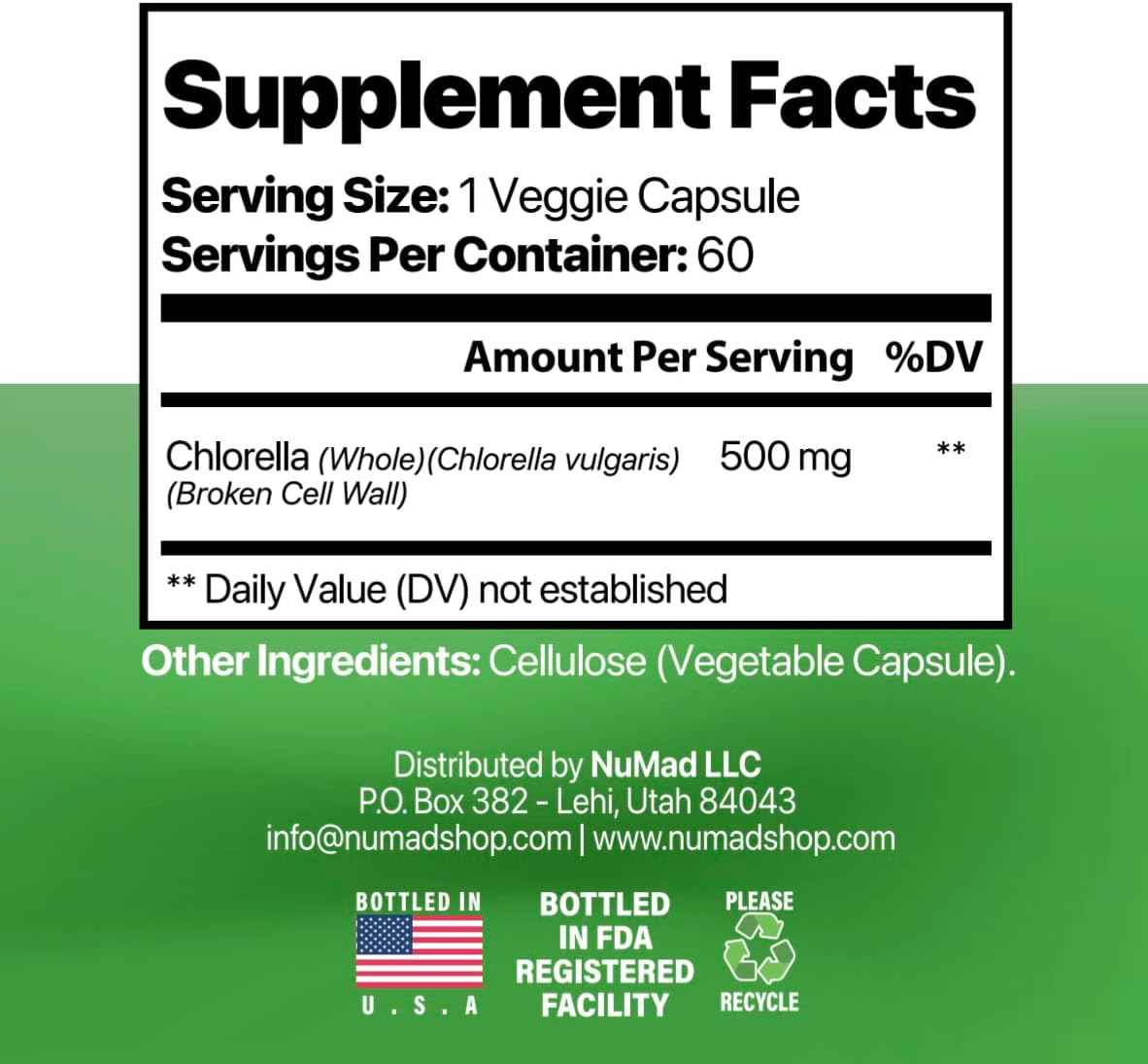 NUMAD Chlorella Broken Down Cell Wall - Liver Cleanse Detox & Repaid Formula -Superfood and Detox Supplement - Helps Eliminate Free Radicals - 60 Capsules 500mg per Capsule