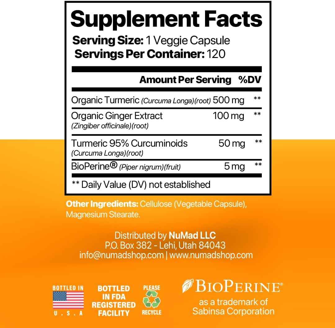 NUMAD Turmeric Capsules | Turmeric Ginger Supplements with Black Pepper | Turmeric and Ginger Supplements | 120 Capsules