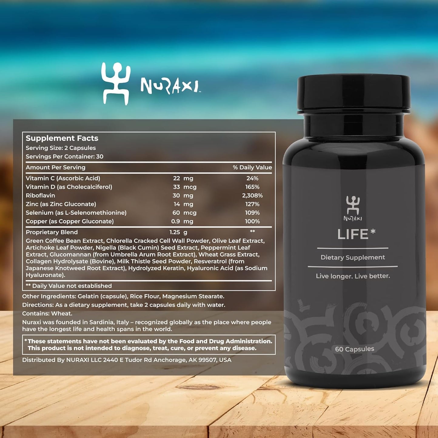 Nuraxi Life NAD+ Supplement for Nutritional Support and Longevity - 60 ct Bottle of Pure Sardinian Natural Food Supplements