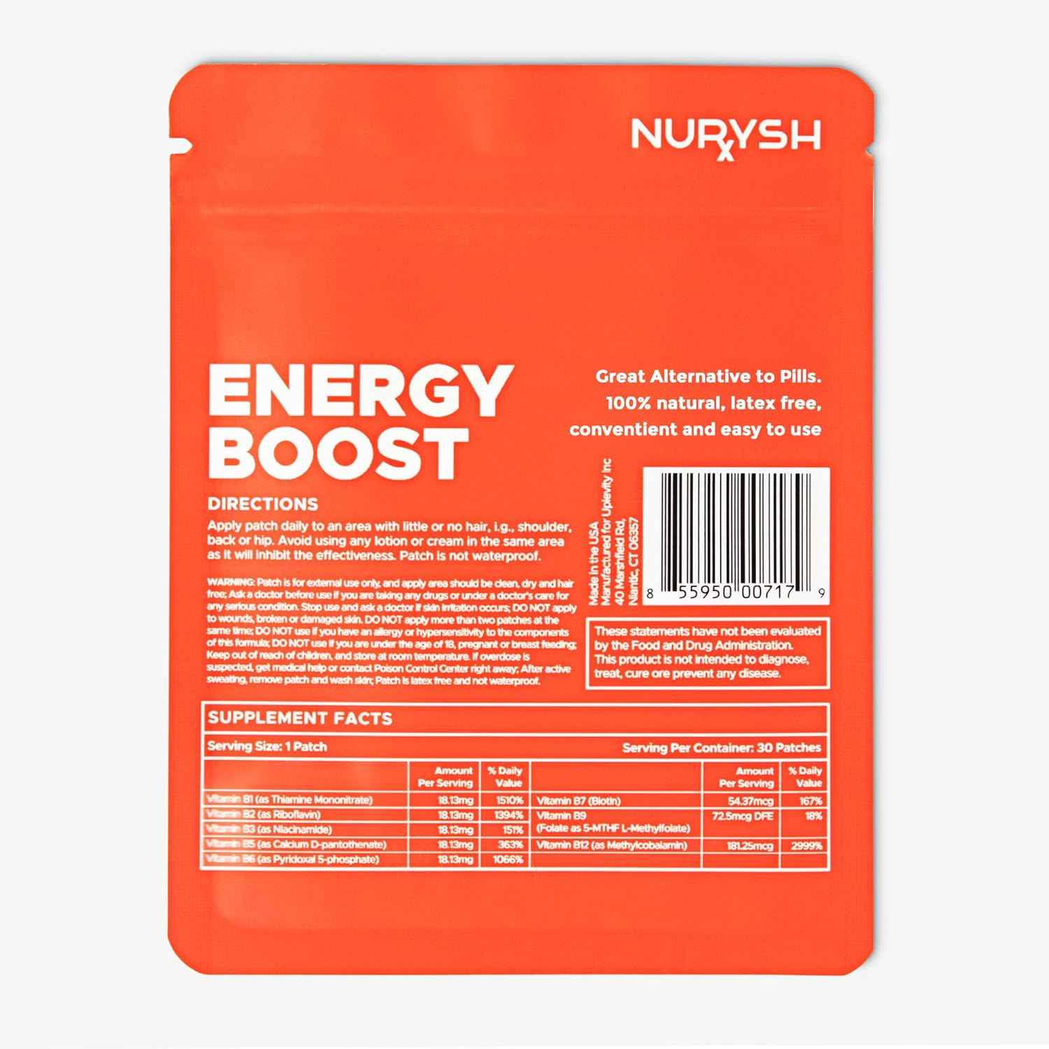 NURYSH B12 Energy Plus Patch - 30 Topical Patches - Vegan and Keto Friendly - for Men and Women