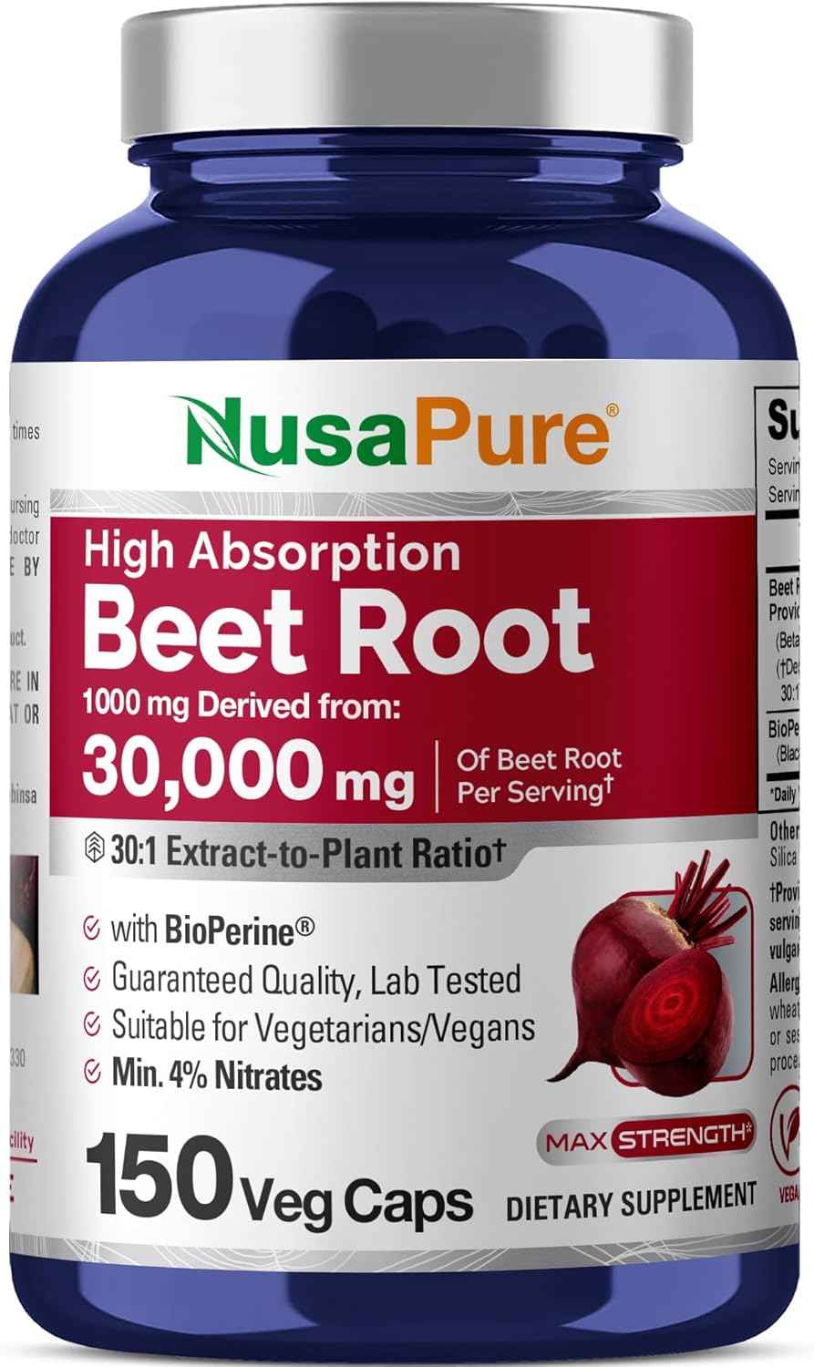 NusaPure Beet Root 30:1 Extract, 1000 mg Equivalent to 30,000 mg 150 Veggie caps (Vegan, Non-GMO & Vegan 4% Nitrates) Bioperine