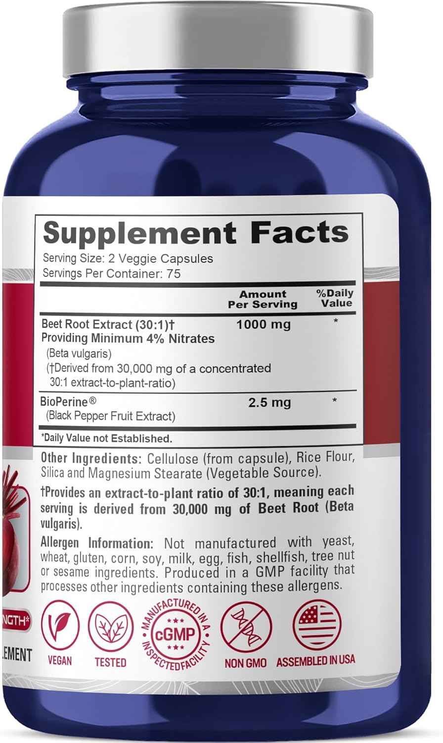 NusaPure Beet Root 30:1 Extract, 1000 mg Equivalent to 30,000 mg 150 Veggie caps (Vegan, Non-GMO & Vegan 4% Nitrates) Bioperine