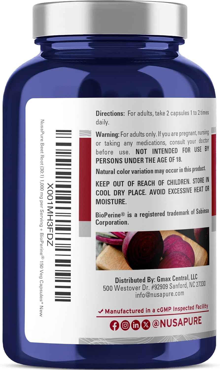 NusaPure Beet Root 30:1 Extract, 1000 mg Equivalent to 30,000 mg 150 Veggie caps (Vegan, Non-GMO & Vegan 4% Nitrates) Bioperine