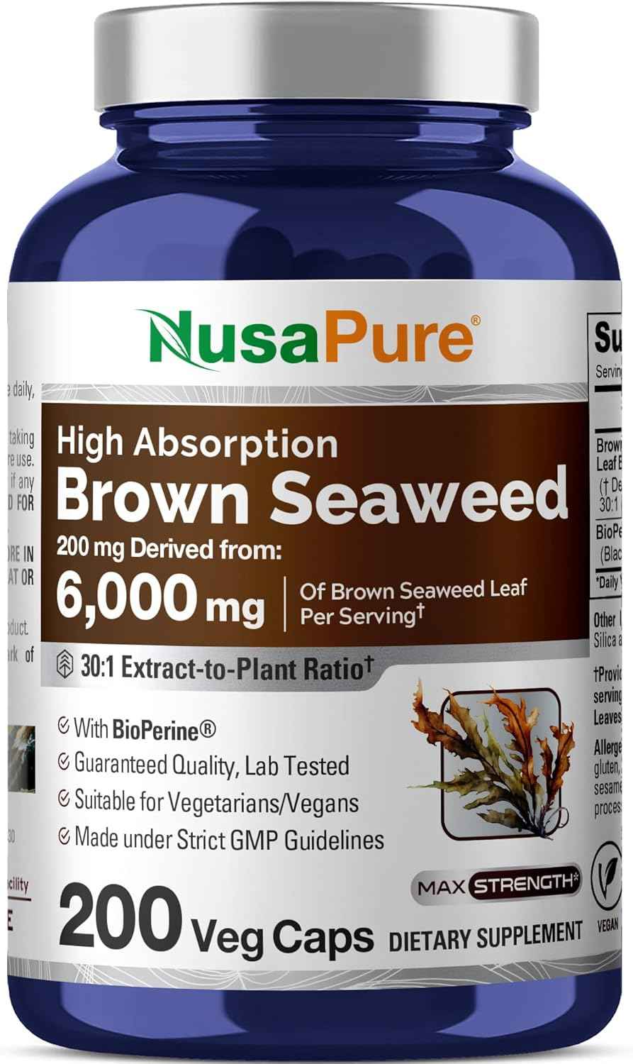 NusaPure Brown Seaweed 30:1 Extract, 200 mg Equivalent to 6,000 mg 200 Veggie Capsules - (Vegan, Non-GMO Bioperine)