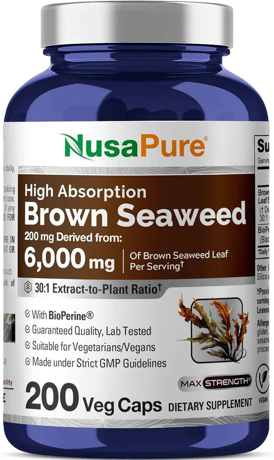 NusaPure Brown Seaweed 30:1 Extract, 200 mg Equivalent to 6,000 mg 200 Veggie Capsules - (Vegan, Non-GMO Bioperine)