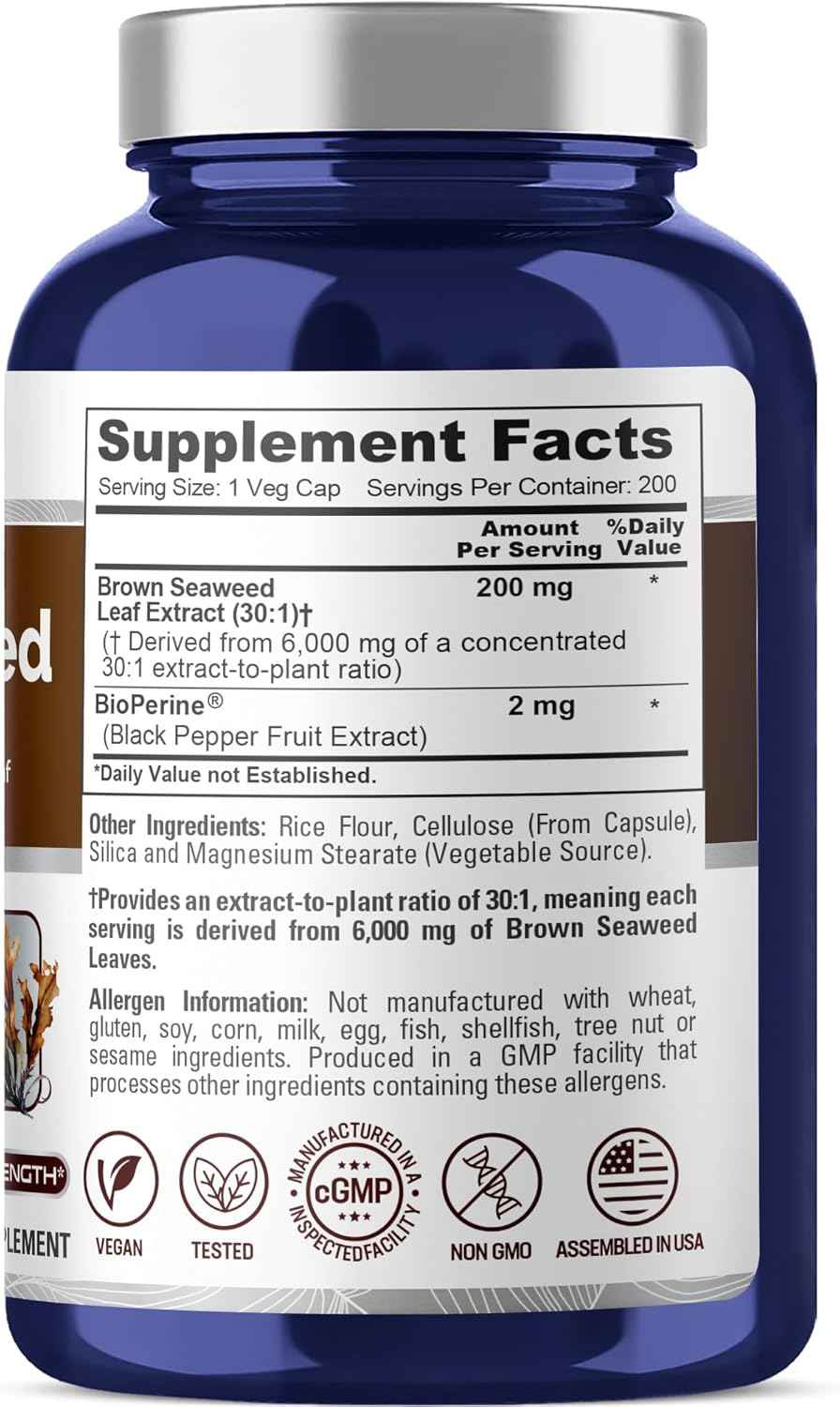 NusaPure Brown Seaweed 30:1 Extract, 200 mg Equivalent to 6,000 mg 200 Veggie Capsules - (Vegan, Non-GMO Bioperine)