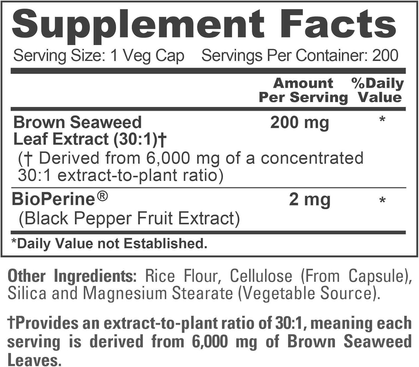 NusaPure Brown Seaweed 30:1 Extract, 200 mg Equivalent to 6,000 mg 200 Veggie Capsules - (Vegan, Non-GMO Bioperine)