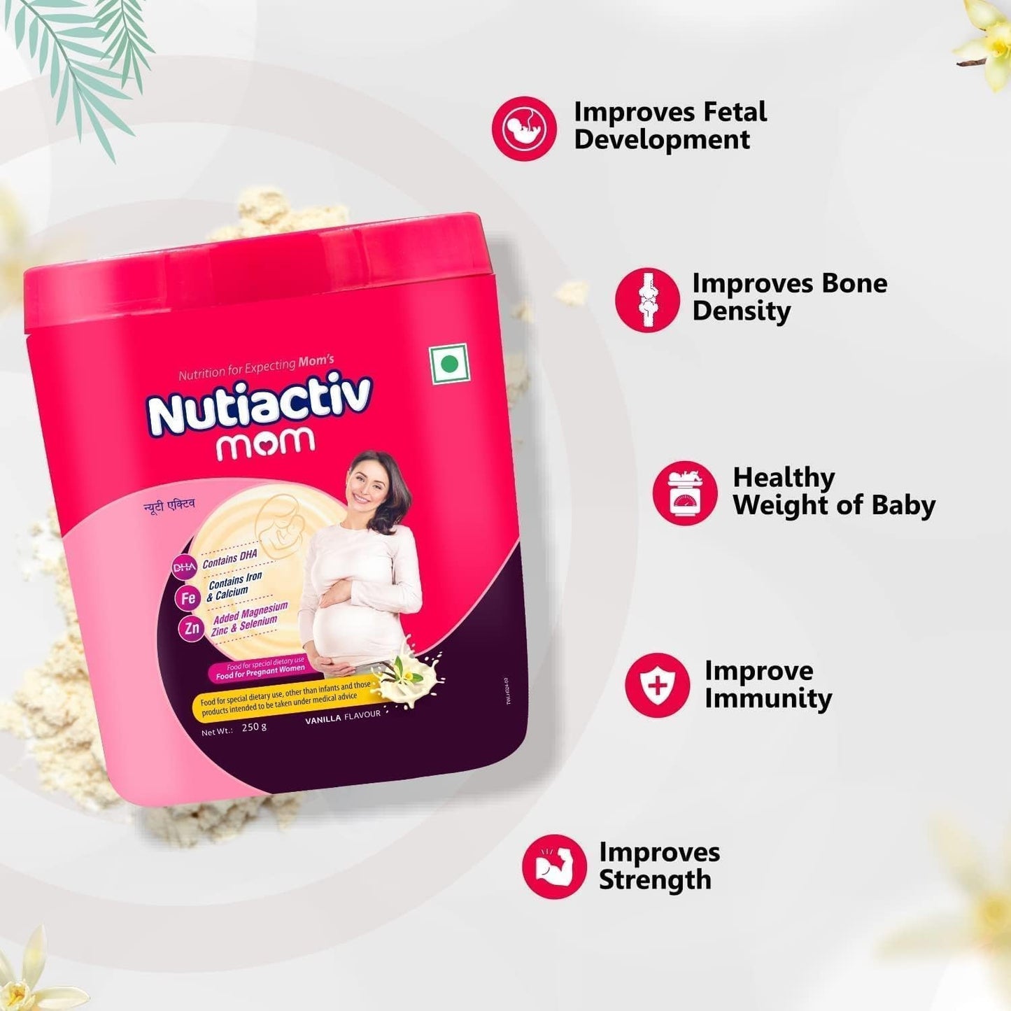 Nutiactiv Mom Protein Powder for Women - Enriched with Vitamin E, C, DHA | Boosts Metabolism & Immune System | Pregnancy Supplement 250g, Vanilla