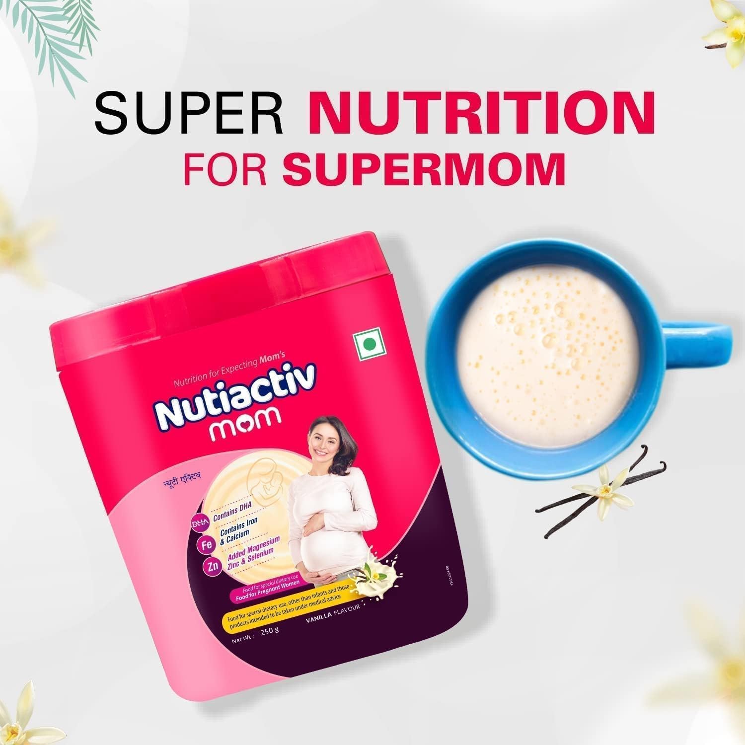 Nutiactiv Mom Protein Powder for Women - Enriched with Vitamin E, C, DHA | Boosts Metabolism & Immune System | Pregnancy Supplement 250g, Vanilla