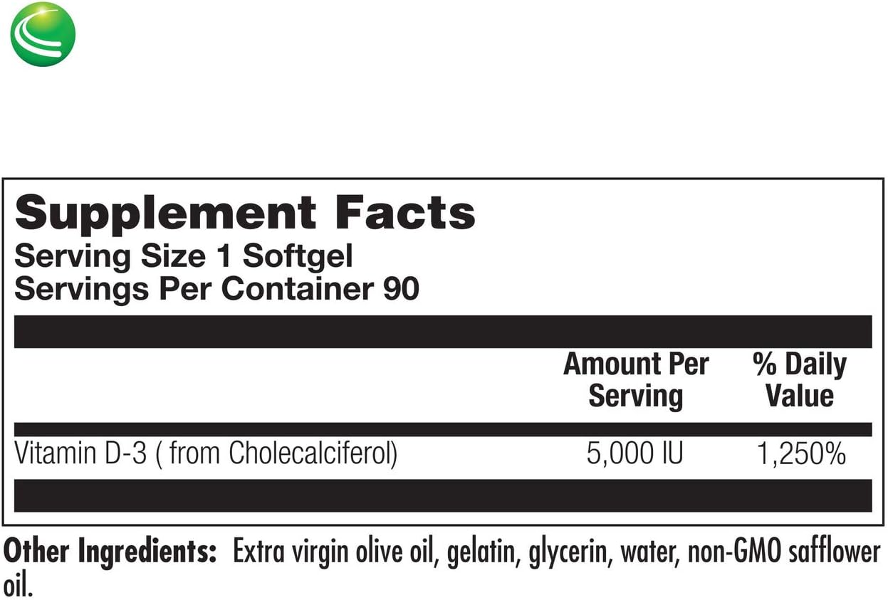 Nutra BioGenesis Vitamin D3 5000 IU Soft Gels for Immune Support & Calcium Absorption - 90 Count