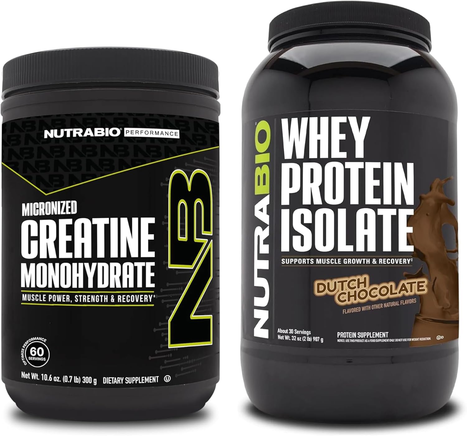 NutraBio Creatine Monohydrate 300g and Whey Protein Isolate Dutch Chocolate Bundle for Muscle Energy, Growth, Recovery, and Strength