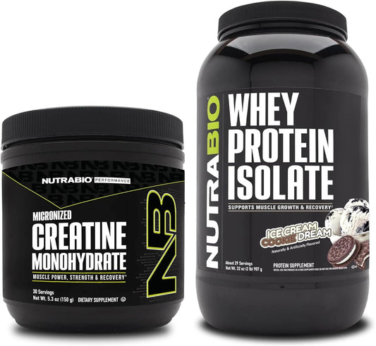 NutraBio Creatine Monohydrate and Whey Protein Isolate Bundle - Muscle Energy, Lean Muscle Growth, Recovery, Strength - Unflavored Creatine, Ice Cream Cookie Dream Protein