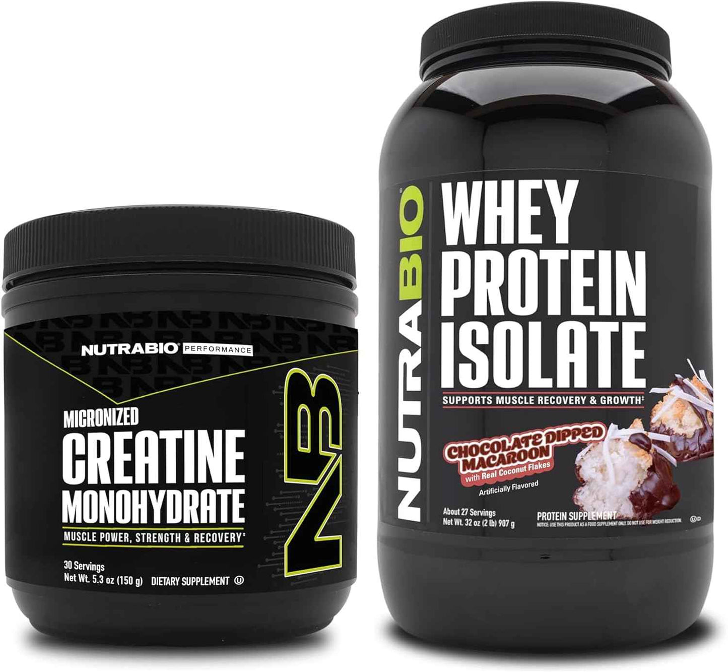 NutraBio Creatine Monohydrate, Unflavored, 150g and Whey Protein Isolate, Chocolate Dipped Macaroon, Supplement Bundle - Muscle Energy, Lean Muscle Growth, Recovery, and Strength