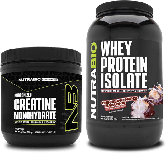 NutraBio Creatine Monohydrate, Unflavored, 150g and Whey Protein Isolate, Chocolate Dipped Macaroon, Supplement Bundle - Muscle Energy, Lean Muscle Growth, Recovery, and Strength