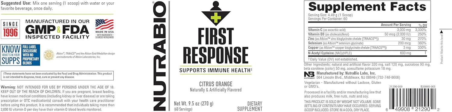 NutraBio First Response Immune System Support Vitamin Supplement, 270g - Promotes Everyday Health and Wellness