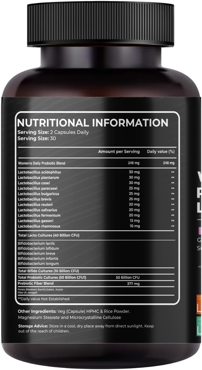 Nutraceuticals Women's Probiotic Supplement - 50 Billion CFU, 16 Strains, Prebiotic - Supports Vaginal, Gut Health, Immune System - 60 Capsules