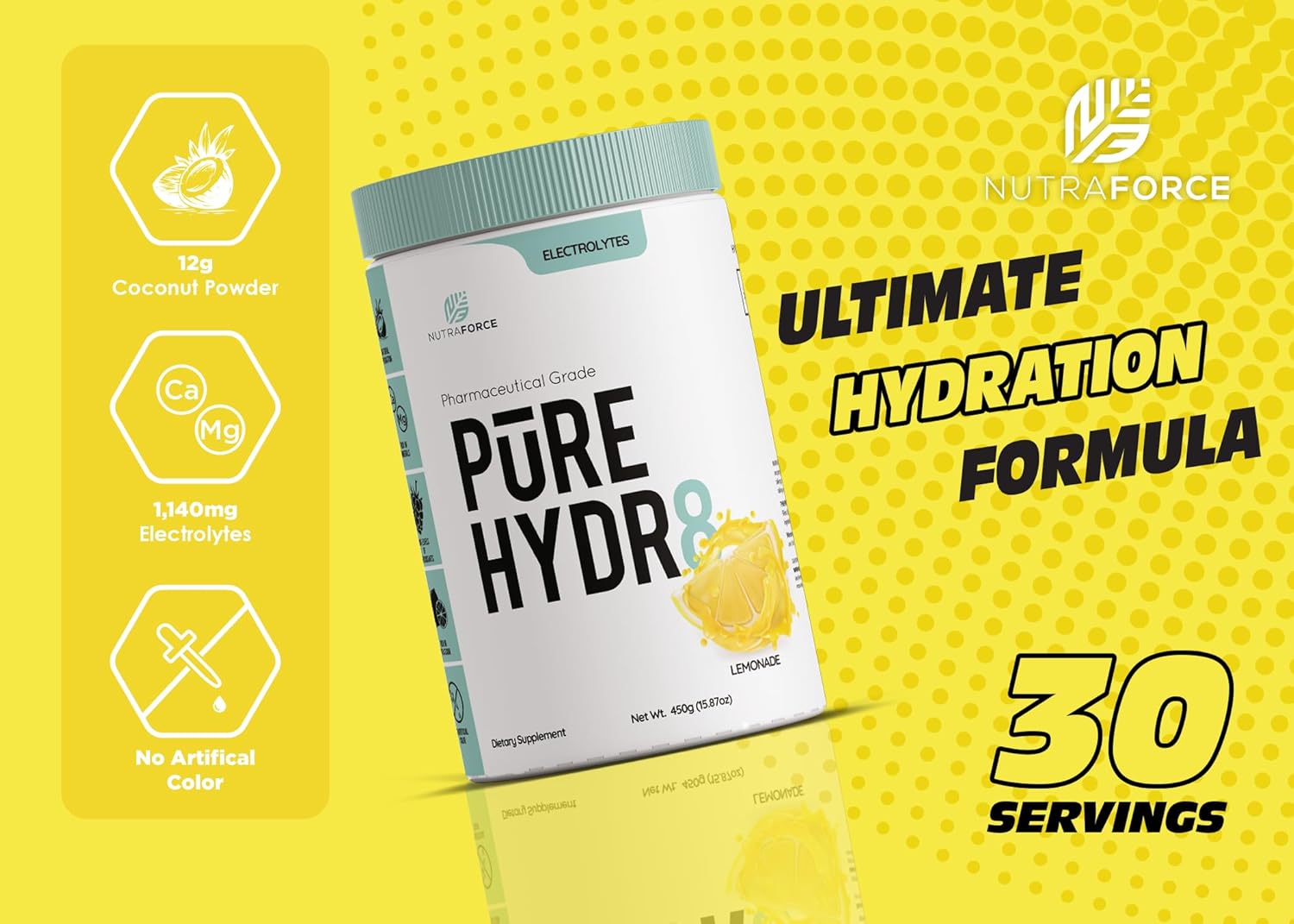 NutraForce Pure Hydr8 Electrolyte Supplement, 15.9 oz, Lemonade - Replenish Electrolytes for Hydration