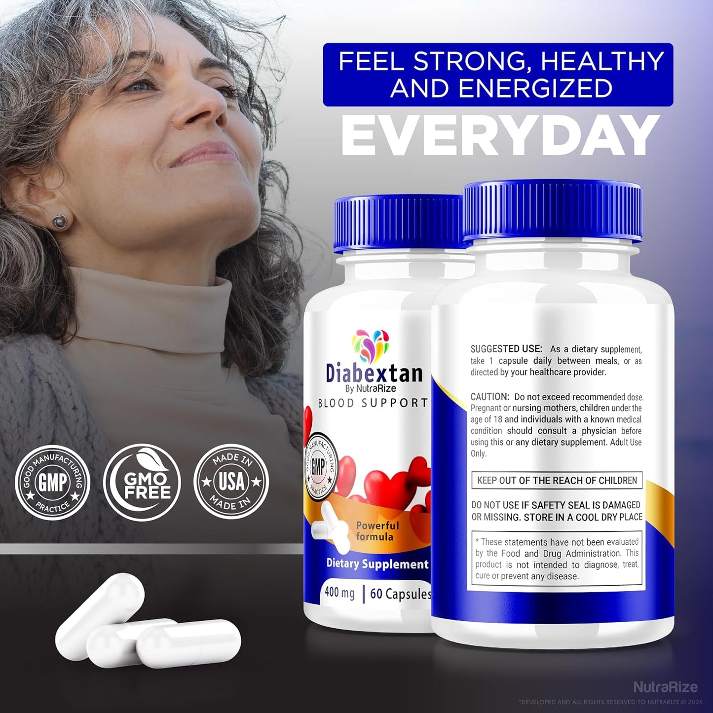 NutraRize Diabextan Supplement - Natural Formula for Healthy Blood Sugar Levels and Vascular Support, Vitamin Capsules for Wellness (60 Capsules)