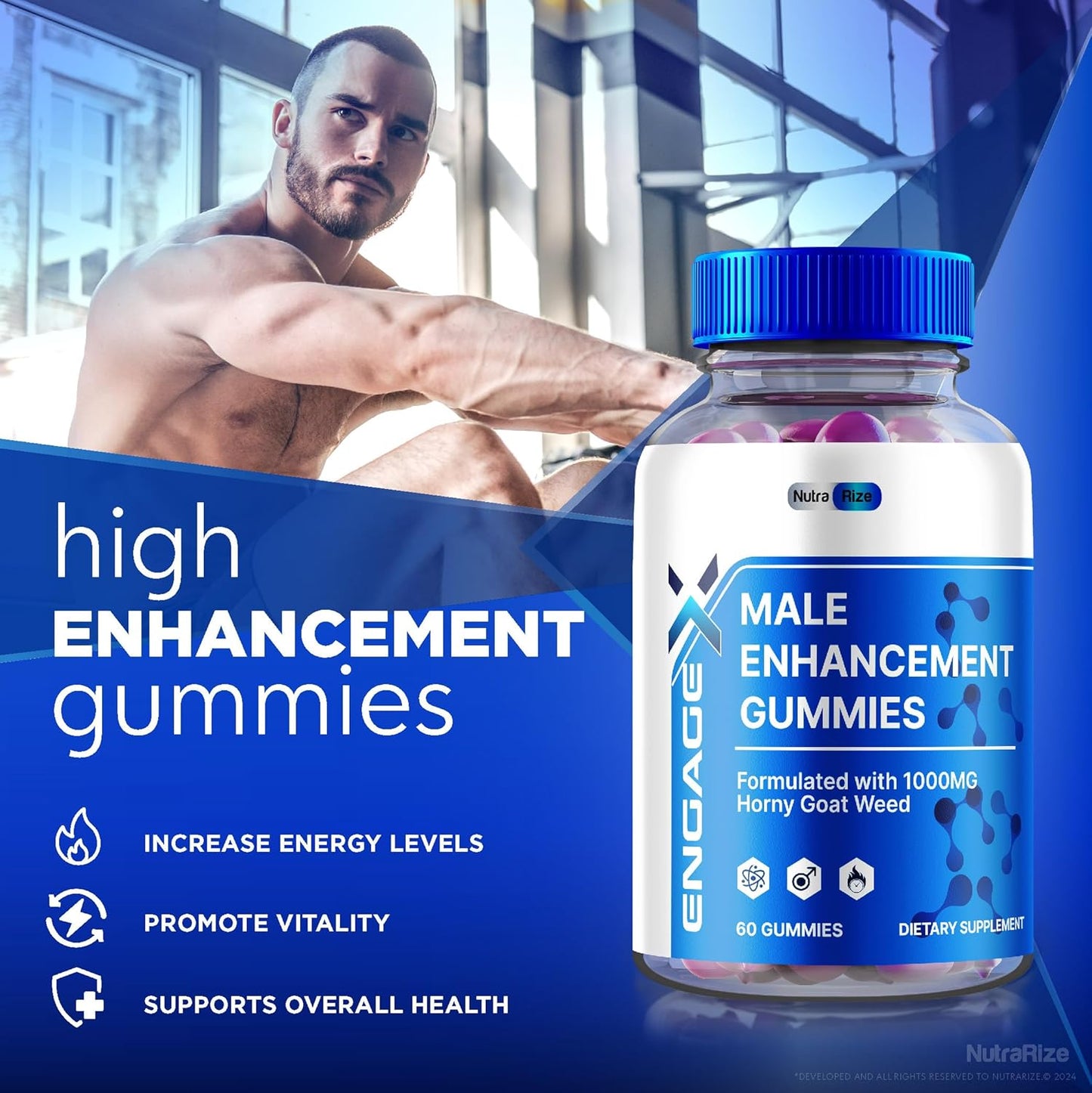 NutraRize EngageX Male Performance Support Gummies - Natural Supplement for Power and Energy - 60 Count