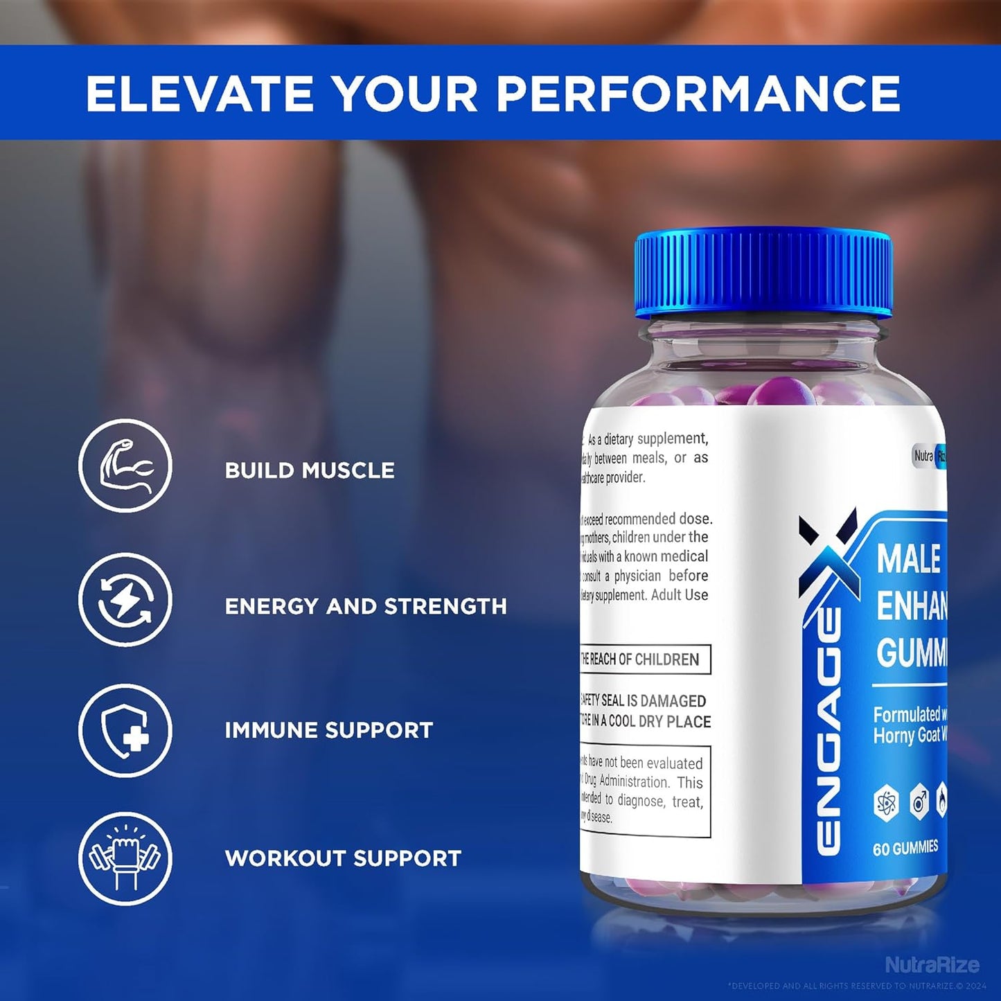 NutraRize EngageX Male Performance Support Gummies - Natural Supplement for Power and Energy - 60 Count