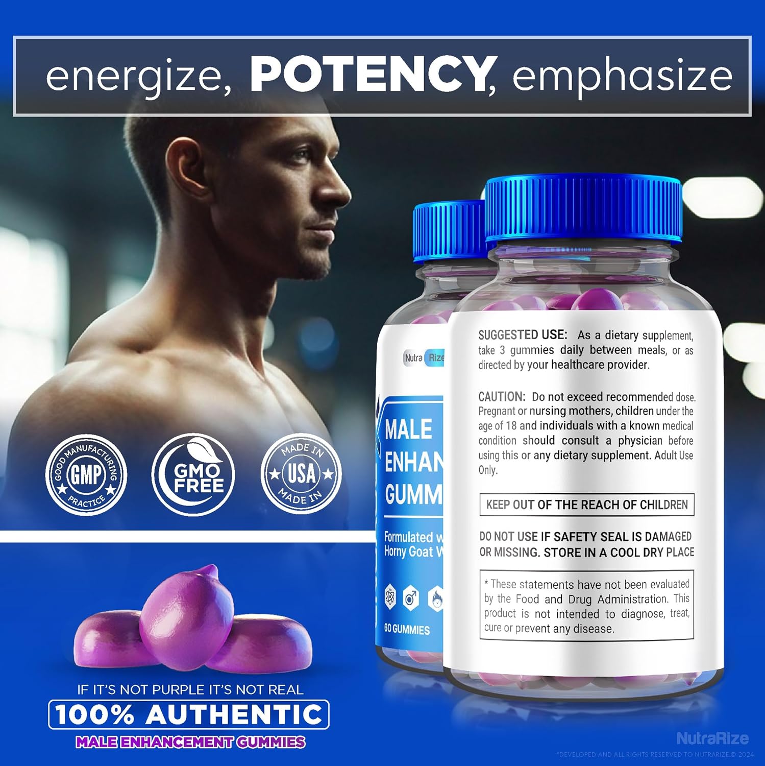 NutraRize EngageX Male Performance Support Gummies - Natural Supplement for Power and Energy - 60 Count