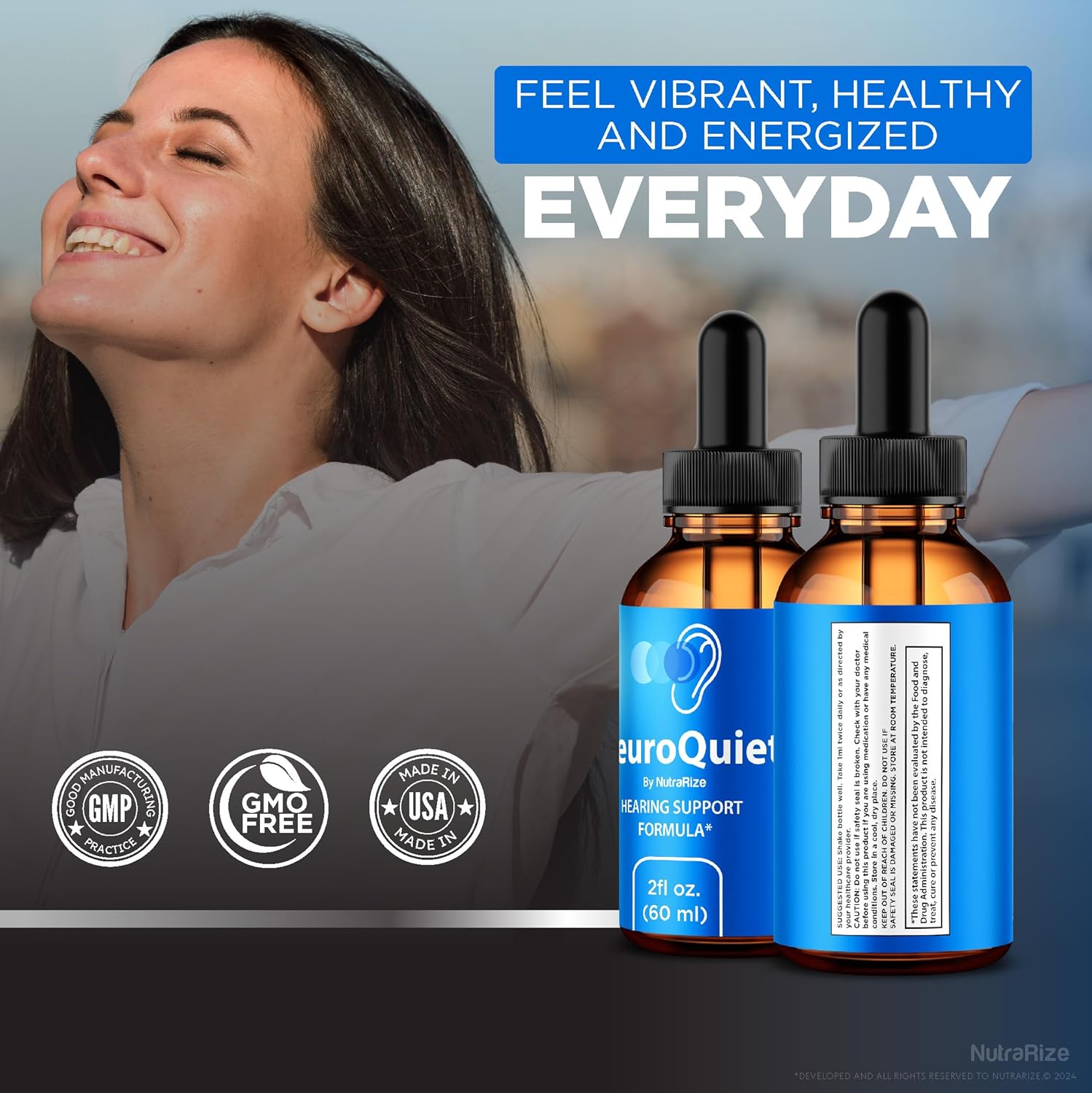 NutraRize NeuroQuiet Drops (5 Pack) - Hearing Support Formula for Cognitive Performance and Auditory Health - All Natural (150 Servings)