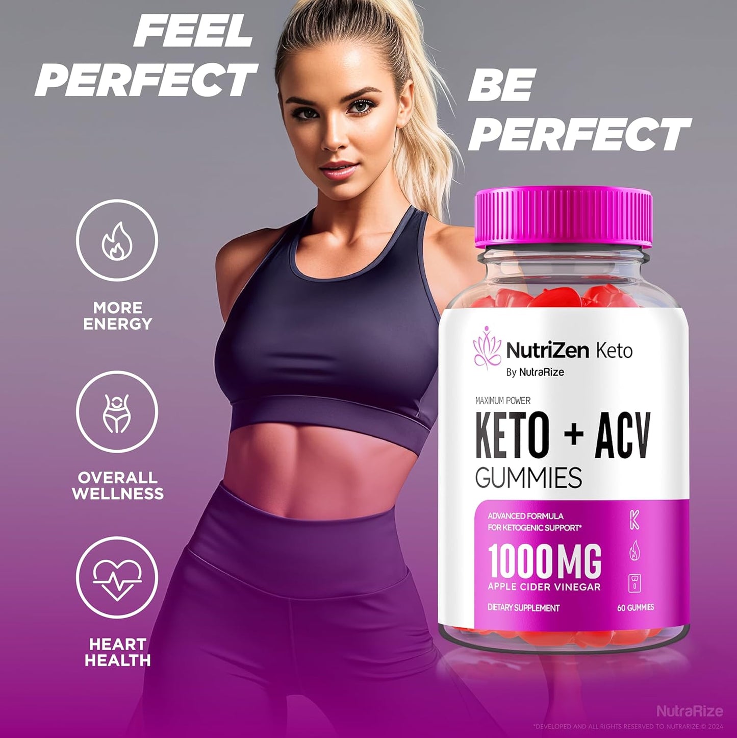 NutraRize Nutrizen Keto+ACV Gummies - Advanced  Slimming Formula  Supplement, 525mg Maximum Strength Gummy (60 Count)