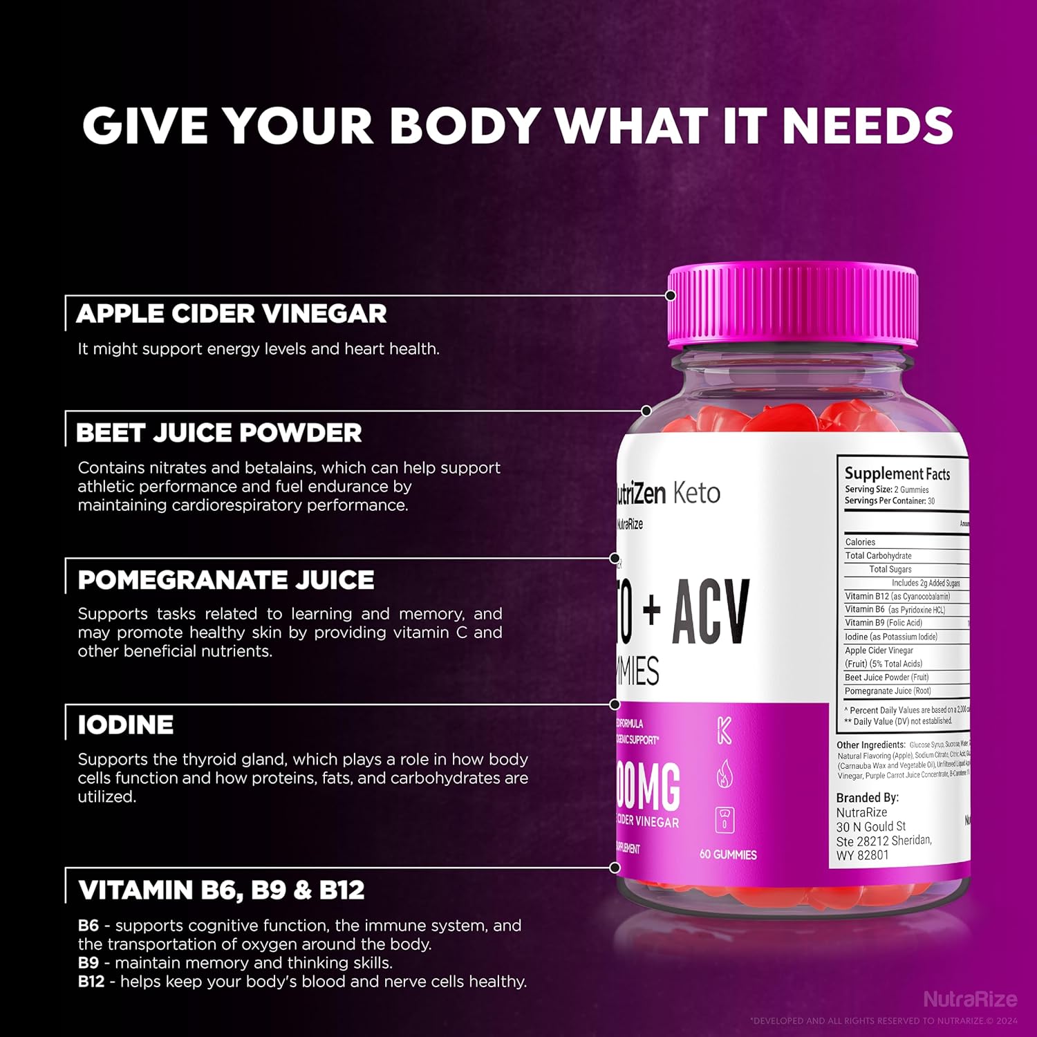 NutraRize Nutrizen Keto+ACV Gummies - Advanced  Slimming Formula  Supplement, 525mg Maximum Strength Gummy (60 Count)