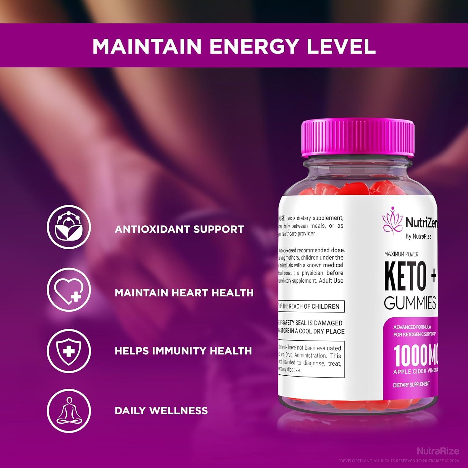 NutraRize Nutrizen Keto+ACV Gummies - Advanced  Slimming Formula  Supplement, 525mg Maximum Strength Gummy (60 Count)