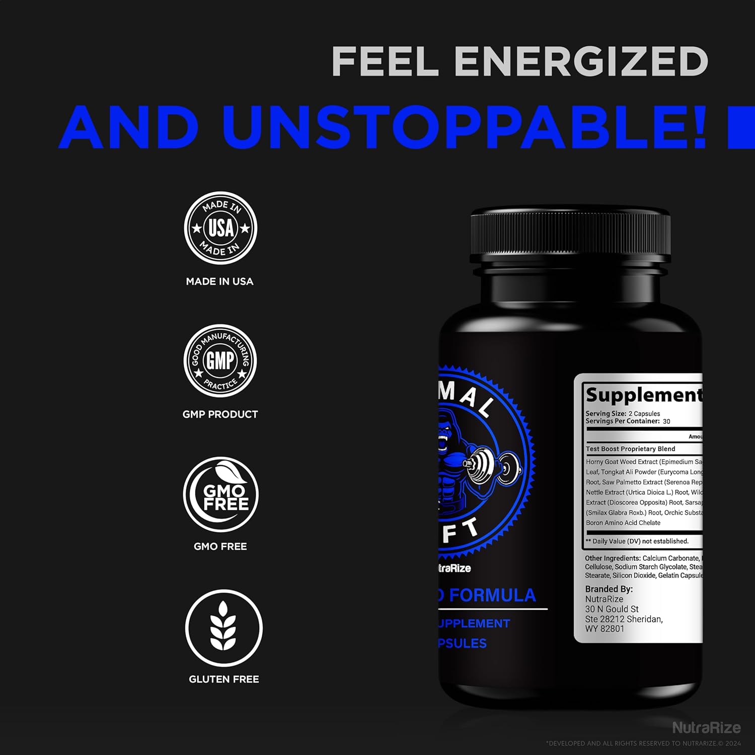NutraRize Primal Lift for Men - Stamina and Energy Formula - Male Performance Pills - All Natural Support (60 Capsules)