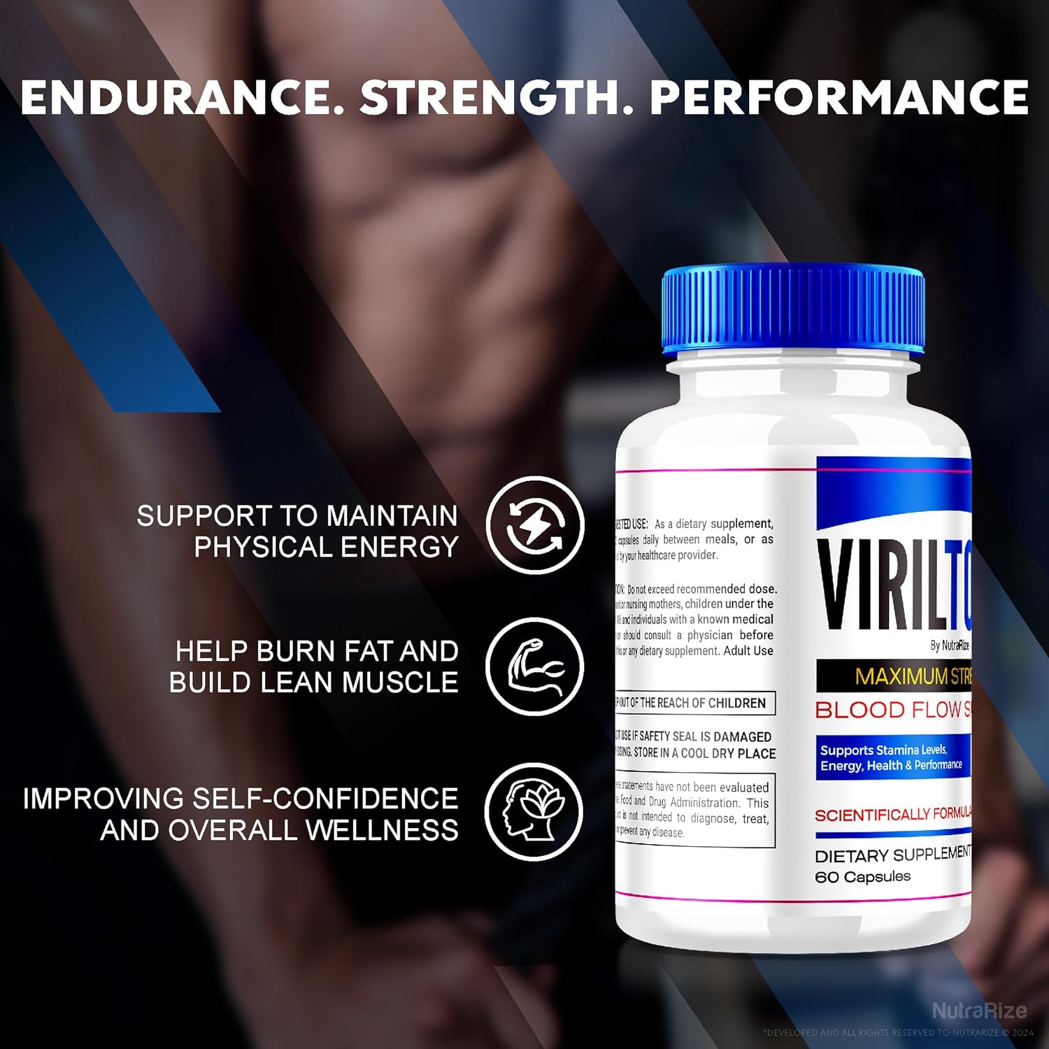 NutraRize VirilTonic Capsules for Men - Pack of 2, All Natural Performance Support Supplement with 120 Capsules