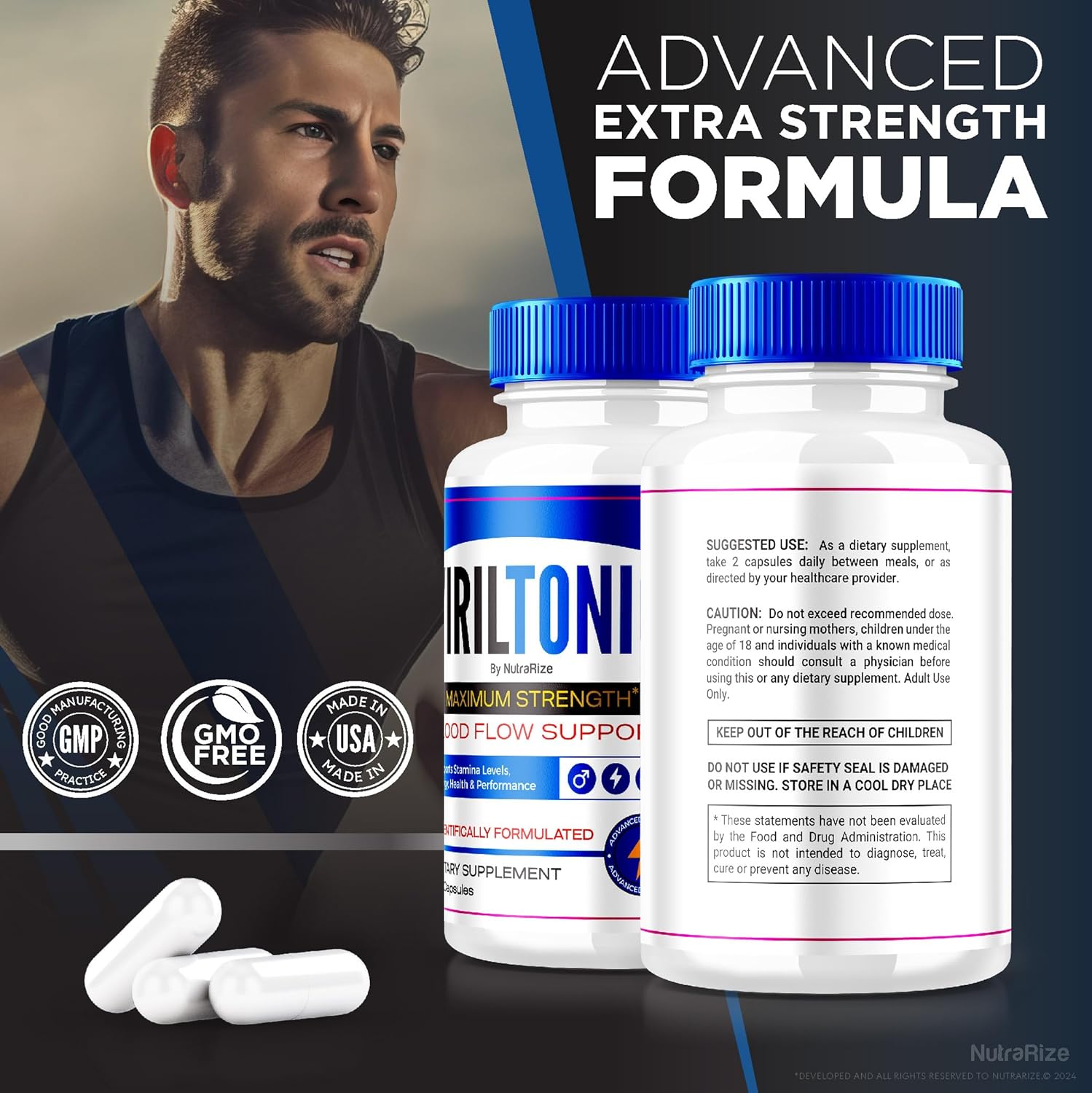 NutraRize VirilTonic Capsules for Men - Pack of 2, All Natural Performance Support Supplement with 120 Capsules