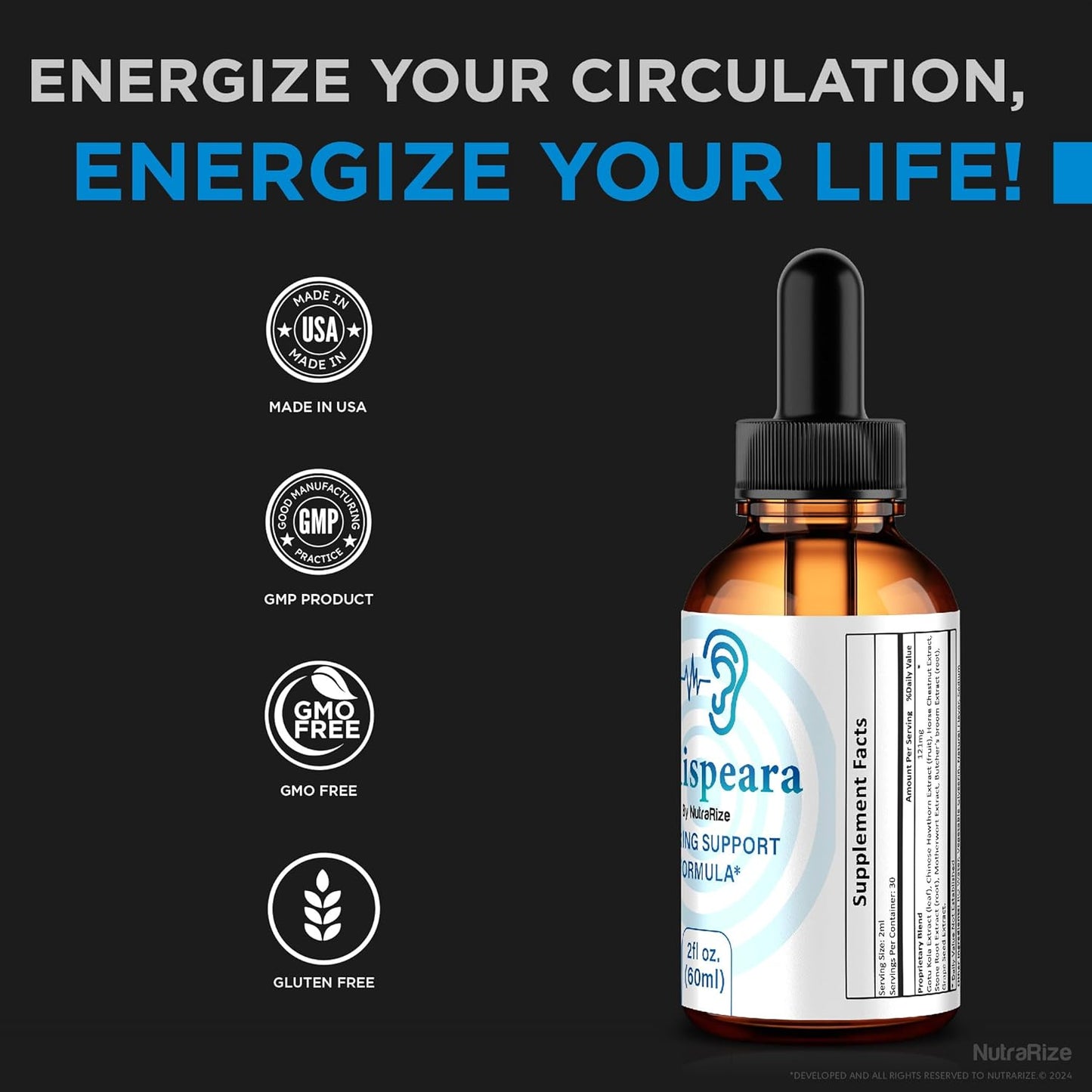 NutraRize Whispeara Drops - Official Support for Healthy Hearing, Focus, and Performance - All Natural Formula - Premium Review (2 Pack, 60 Servings)