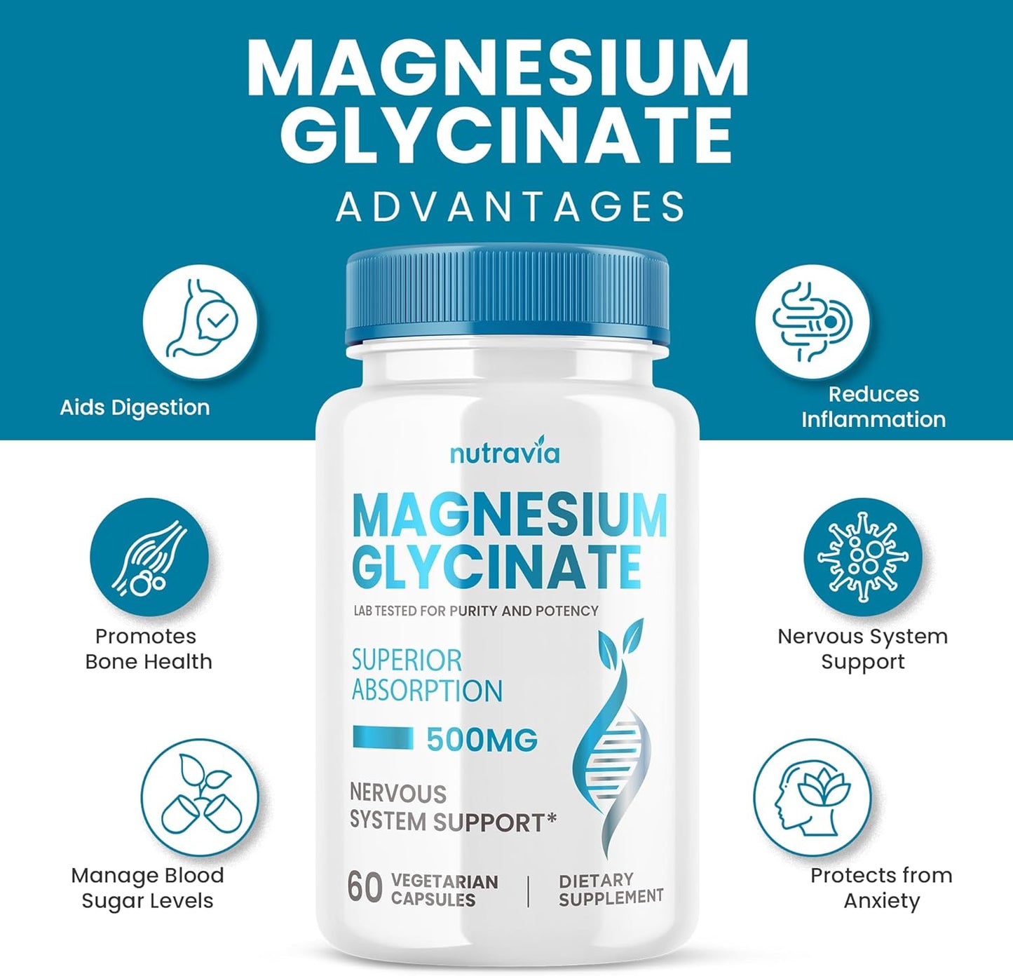 Nutravia Magnesium Glycinate Complex Supplement - 500mg Veggie Capsules - Fast-Absorbing Formula - Gluten-Free (60 Capsules)