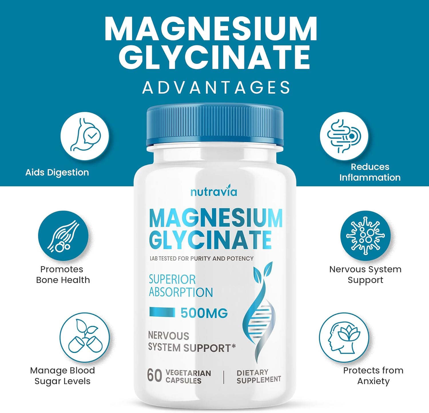 Nutravia Magnesium Glycinate Complex Supplement - 500mg Veggie Capsules - Fast-Absorbing Formula - Gluten-Free (60 Capsules)