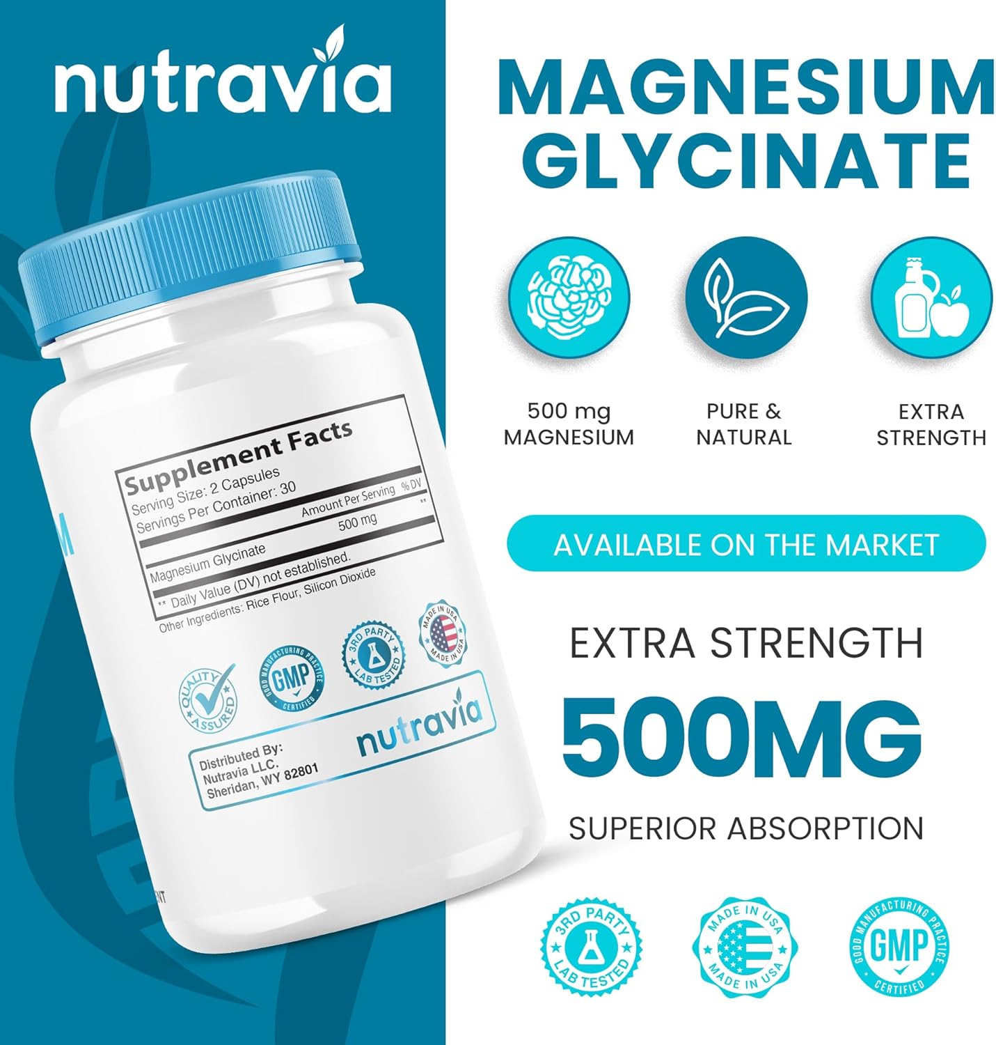 Nutravia Magnesium Glycinate Complex Supplement - 500mg Veggie Capsules - Fast-Absorbing Formula - Gluten-Free (60 Capsules)