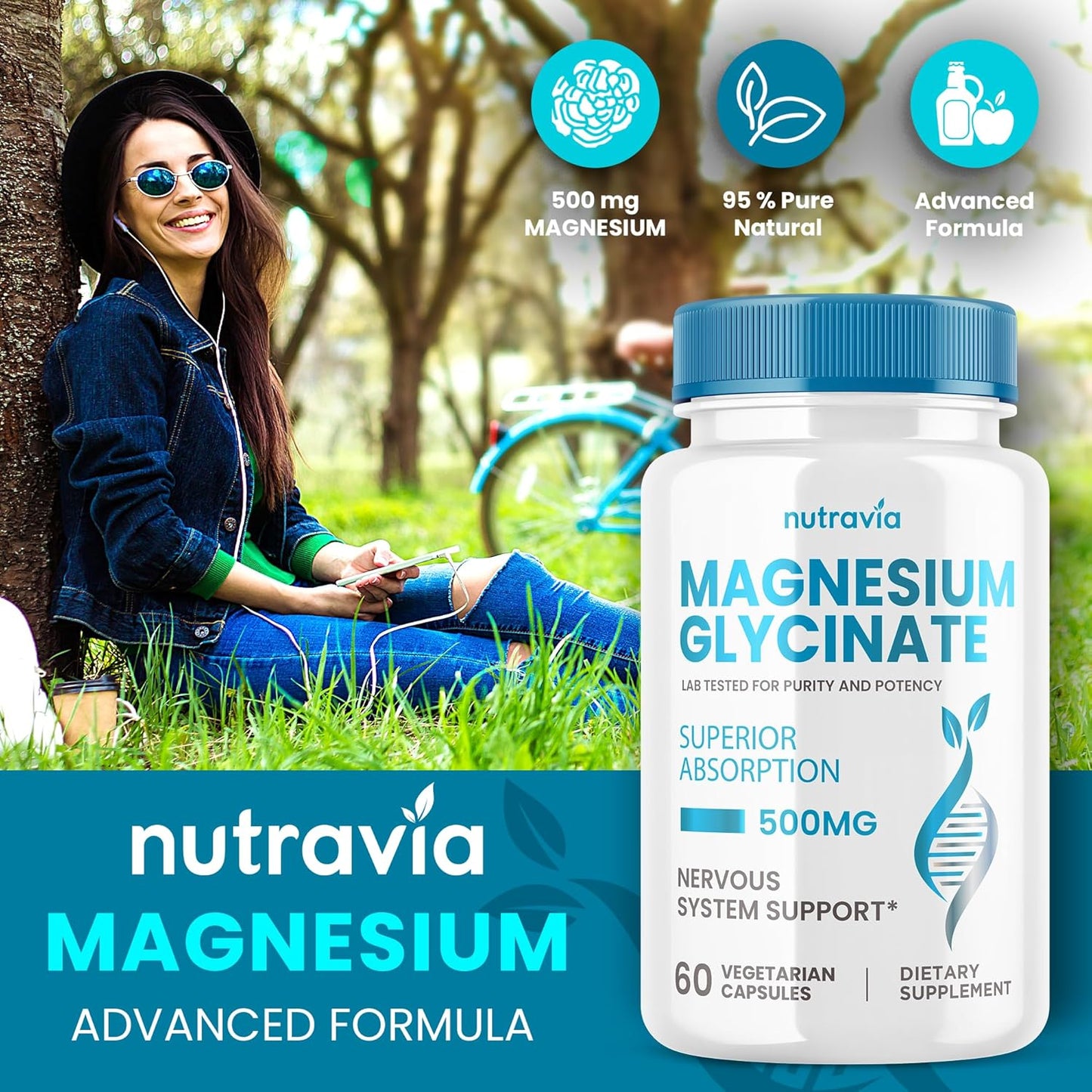 Nutravia Magnesium Glycinate Complex Supplement - 500mg Veggie Capsules - Fast-Absorbing Formula - Gluten-Free (60 Capsules)