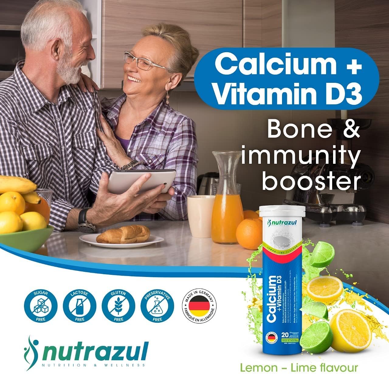 Nutrazul Calcium and Vitamin D3 Effervescent Tablets - 20 Tablets - Bone Health Support for Adults and Kids - Lemon-Lime Flavor