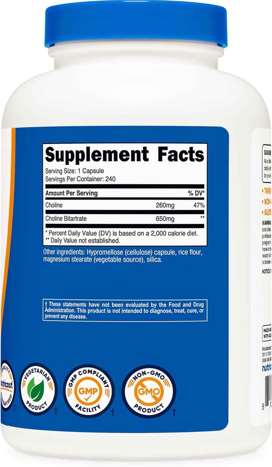 Nutricost Choline Bitartrate 650mg, 240 Vegetarian Capsules - Non-GMO, Vegetarian Friendly, Gluten Free