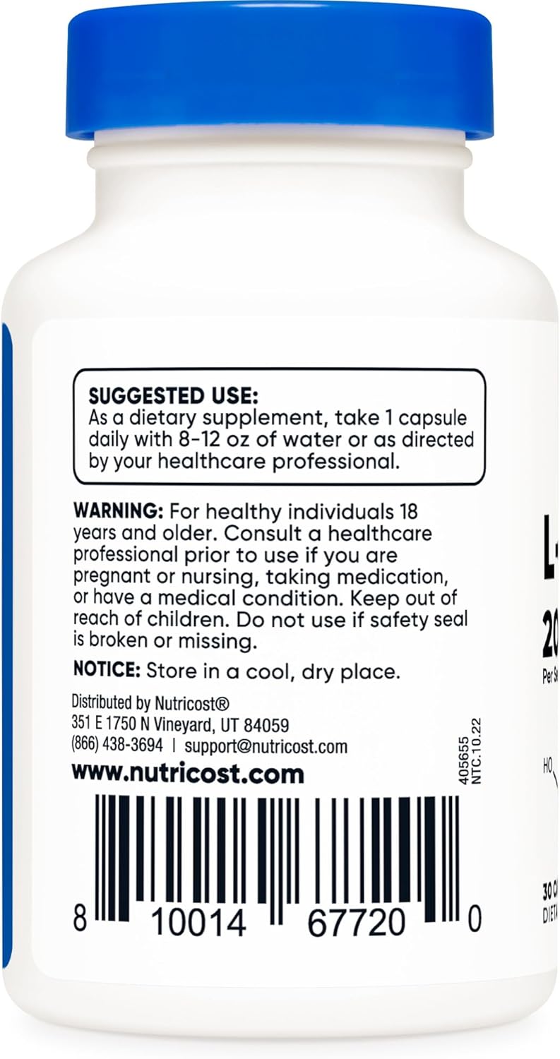 Nutricost L-Theanine 200mg Capsules - 30 Count Bottle