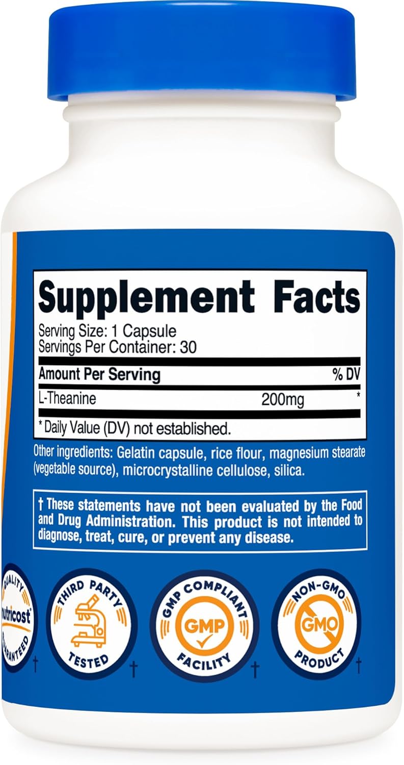 Nutricost L-Theanine 200mg Capsules - 30 Count Bottle