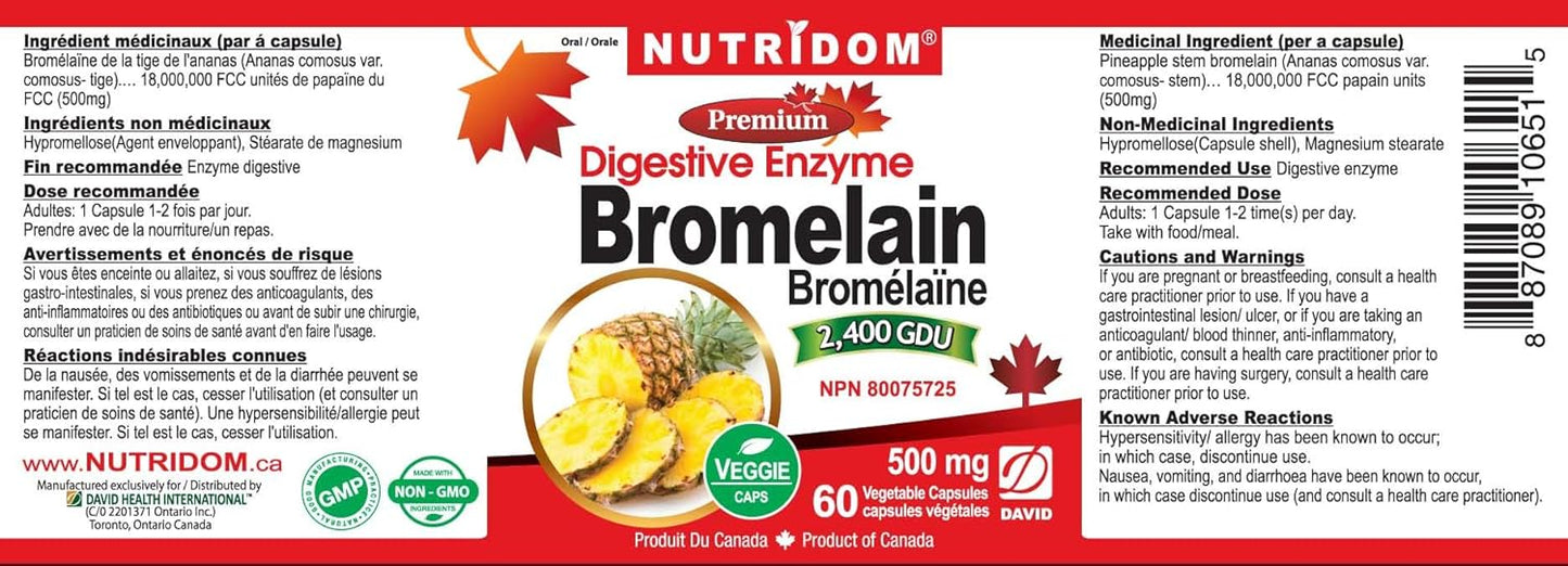 Nutridom Bromelain Digestive Enzyme Pineapple Supplements - 2400 GDU, 500mg - Non-GMO, Vegan, Gluten/Soy/Dairy-Free (60 Count)