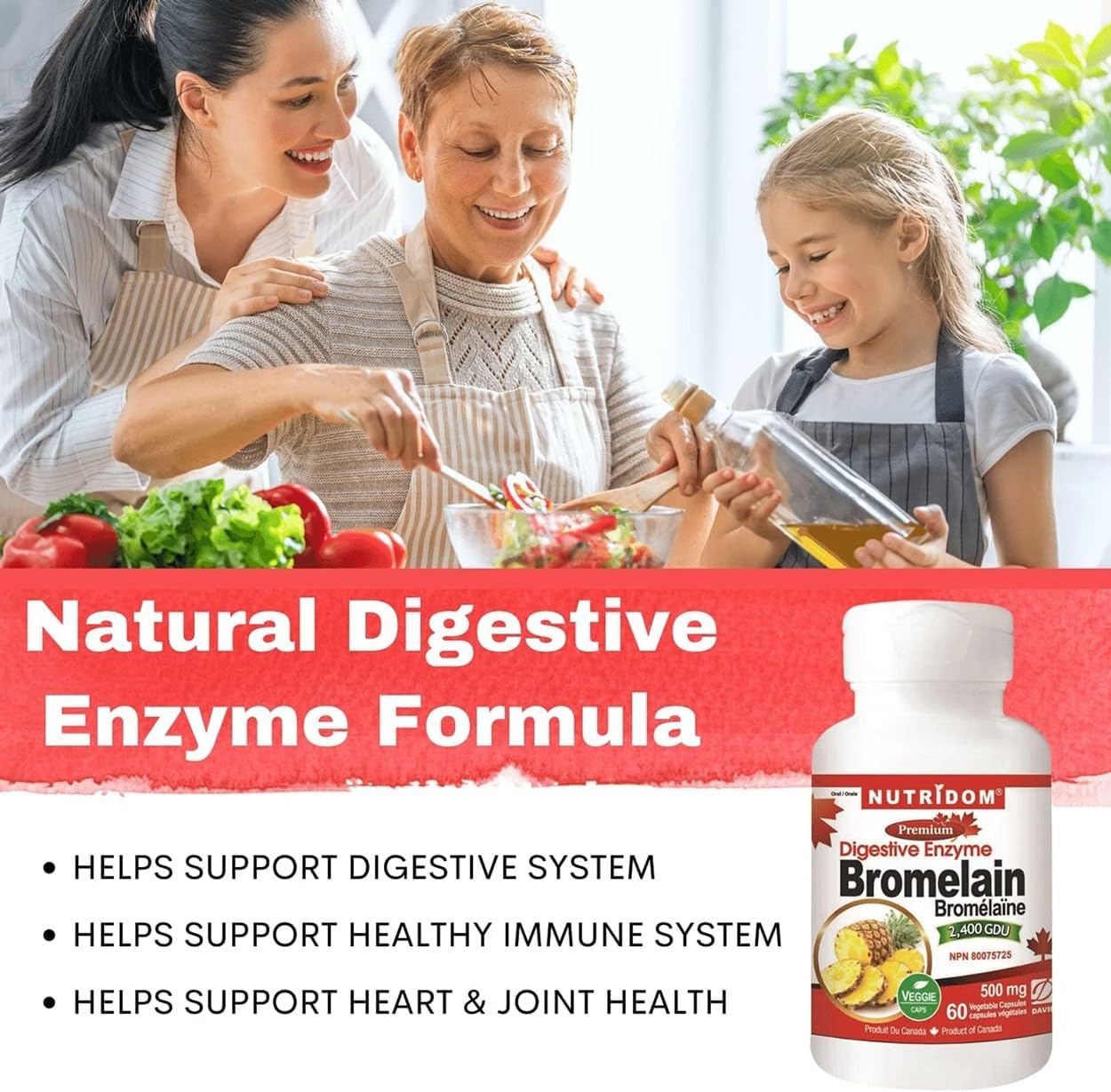 Nutridom Bromelain Digestive Enzyme Pineapple Supplements - 2400 GDU, 500mg - Non-GMO, Vegan, Gluten/Soy/Dairy-Free (60 Count)