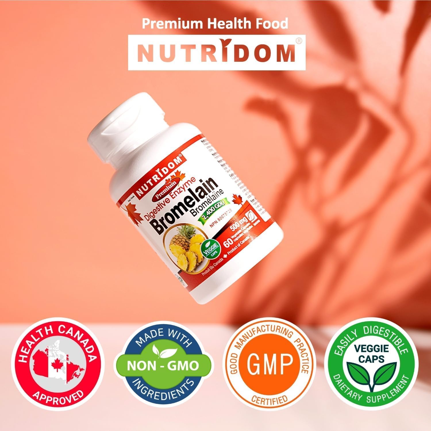 Nutridom Bromelain Digestive Enzyme Pineapple Supplements - 2400 GDU, 500mg - Non-GMO, Vegan, Gluten/Soy/Dairy-Free (60 Count)